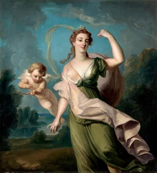 Kärleksgudinnan (Afrodite eller Venus). Hon åtföljs av en Amor med pil och båge. Målning av Philippe Mercier (1689-1760). Olja på duk. Storlek: 162,5x149,9 cm Privat samling