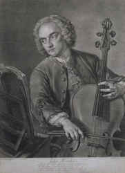 Porträtt av John Hebden (fl.1740-60), en cellist i Händels orkester, graverad av John Faber (1684-1756), 1741