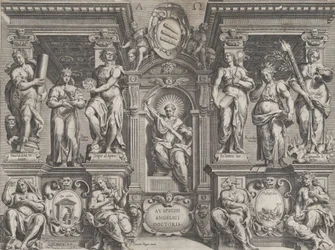 Allegoriskt avhandlingstryck med olika figurer, utspelade i en arkitektonisk struktur, 1608.