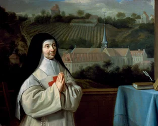 Moder Marie-Angelique Arnauld, detalj från porträttet av Moder Marie-Angelique Arnaulds syster och mamma Agnes framför Port-Royal des Champes Abbey, tillskriven Philippe de Champaigne (1602-1670).