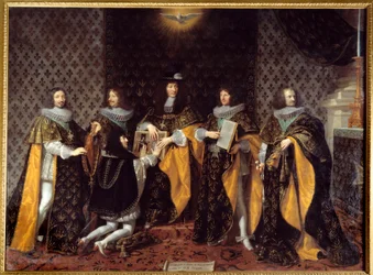 Kung Ludvig XIV tar emot sin bror, hertigen av Anjou, riddare av Helige Andes orden. Målning av Philippe de Champaigne (1602-1674), 1600-talet, Grenoble, Musée des Beaux-Arts