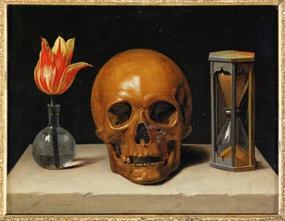 Vanitas, allegori över den flyktiga tiden med dödskalle och timglas (olja på duk)