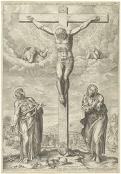 Kristus på korset flankerad av Maria och Johannes i ett landskap