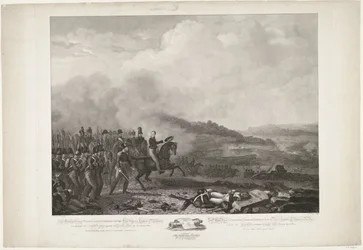 Prins av Orange som leder de holländska trupperna i slaget vid Quatre-Bras, 1815 Hans kungliga höghet William, George, Frederik, Lodewijk Kronprins av kungariket Nederländerna i spetsen för holländarna mot den franska armén av Quatre-B