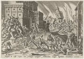 Kroppen av kungen av Ai förs till stadsporten The Days of Doom of the Jewish People (serietitel)