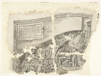 Det övre vänstra hörnet av ett tryck av scenen av Cebes Tabula Cebetis Carta Vitae (titel på objekt)