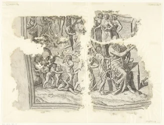Nedre vänstra hörnet av ett tryck av scenen av Cebes Tabula Cebetis Carta Vitae (originaltitel)