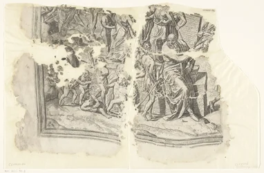 Nedre vänstra hörnet av ett tryck av Cebes-scenen Tabula Cebetis Carta Vitae (originaltitel)