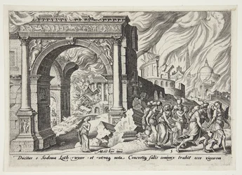 Lot och hans familj lämnar det brinnande Sodom