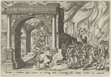Loth och hans familj lämnar staden Sodom The Days of Doom of the Jewish People (serietitel)