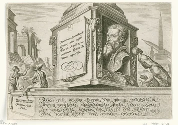 Porträtt av Maarten van Heemskerck på sockeln av en kolumn The Days of Doom of the Jewish People (serietitel)