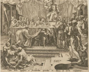 Bels präster äter och dricker i templet, blad 4, och Daniel matar draken, blad 7, blad 4 och 7 ur serien "Berättelsen om Daniel, Bel och draken"