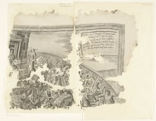 Övre högra hörnet av ett tryck av scenen av Cebes Tabula Cebetis Carta Vitae (titel på objekt)