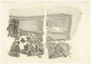 Övre högra hörnet av ett tryck av scenen av Cebes Tabula Cebetis Carta Vitae (titel på objekt)