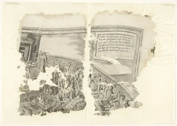 Övre högra hörnet av ett tryck av scenen av Cebes Tabula Cebetis Carta Vitae (titel på objekt)