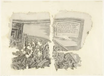 Övre högra hörnet av ett tryck av scenen av Cebes Tabula Cebetis Carta Vitae (titel på objekt)