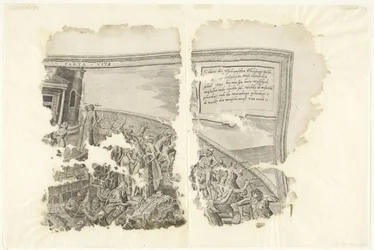 Det övre högra hörnet av ett tryck av scenen av Cebes Tabula Cebetis Carta Vitae (titel på objekt)