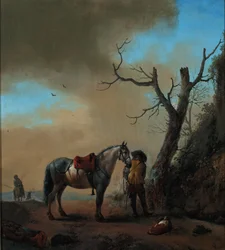 Landskap med en vit häst och nedstigen ryttare, c.1647