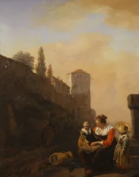 En bonde och två barn vilar framför ett torn i Italien (olja på duk)