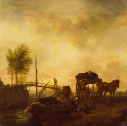 Arbetare lastar torv från en pråm till en vagn (olja på pannå)