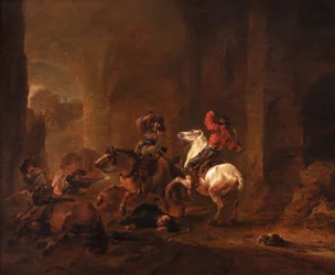 Banditer bakhåller resenärer på en väg bland ruiner, ca 1635-50 (olja på panel)