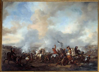 Stor strid mellan ryttare och infanterister Målning av Philips Wouwerman (1619-1668) 1600-talets sön. 0,99x1,35 m