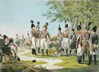 Den kejserliga kungliga österrikiska arméns nya artilleri och utrustning efter Napoleonkrigen, ca 1820 (litho i färg)