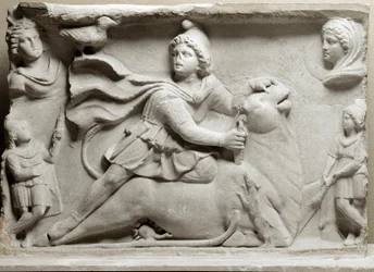 Fenicisk civilisation: offerscen med gudomen Mithra, som dödar tjuren. 200- eller 300-talet e.Kr. Marmorrelief. Paris, Louvren