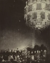 Undertecknande av trepartspakten som bildar Japans, Nazitysklands och det fascistiska Italiens axel i rikskansliet, Berlin, andra världskriget, 27 september 1940 (s/v foto)