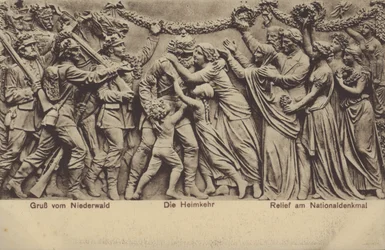 Hemkomsten, relief på Nationaldenkmal, monument till minne av Tysklands enande, Rudesheim am Rhein, Hessen (s/v foto)