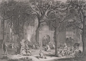Hindu Fakirs Practicing their Superstitious Rites, graverad av Bell, från World Religion, publicerad av A. Fullarton & Co.
