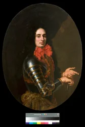 Porträtt av gentleman med rustning och röd halsduk Målning av Pier Francesco Cittadini (1616-1681) 1600-tal Privat samling