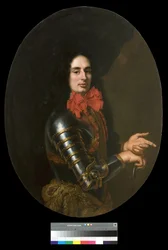 Porträtt av en gentleman med rustning och röd halsduk, 1650-70