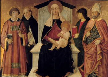 Jungfrun och barnet Jungfrun är omgiven av Saint Laurent-diakonen, Saint Peter, Saint John, Saint Blaise de Sebaste. Altartavla av Pier Francesco Fiorentino (aktiv omkring 1475-1500) 1490. Sön. 132x143 m. Avignon, Musee du Petro Palais