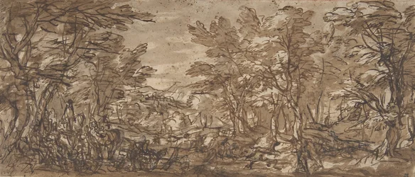 Skogsscen, ett stopp till vänster, en jakt i centrum, 1612-66.