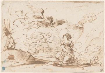 Ängeln som uppenbarar sig för Hagar och Ismael i vildmarken, ca 1645 (penna och brunt bläck med brun lavering på filtpapper)
