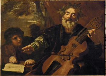Poeten Homeros med en lyra da gamba, ett instrument som användes för att ackompanjera ballader i (målning på duk)