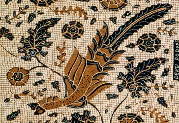Batik med traditionell design som kallas peksi podang, Surakarta, Java, Indonesien, Detalj