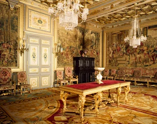 Hunts of Maximilian serie gobelänger på väggarna i Frans I:s rum, Chateau de Fontainebleau
