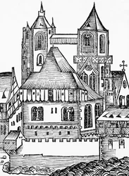 Montecassino Abbey, tyskt träsnitt, från Nuremberg Chronicle (Liber Chronicarum) av Hartmann Schedel