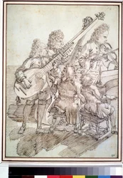 ""Konserten"" Karikatyr som representerar en konsert av fem musiker (kvintett) på luta, fiol, piano, cello. Penna- och bläckteckning av Pier Leone Ghezzi (1674-1755) Pushkin-museet från 1700-talet, Moskva