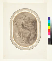 A Sibyl with a Vase and Two Putti, c.1540-tal (Penselteckning i bruntvätt med lite penna förhöjt med vitt på en grå botten)