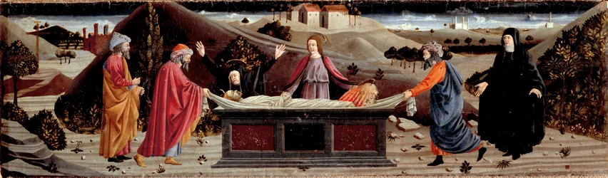 Polyptyk av Misericordia: runt Jesu Kristi kropp: Sankt Johannes, Jungfru Maria, Sankta Maria Magdalena, Sankt Josef av Arimathia och Sankt Nikodema