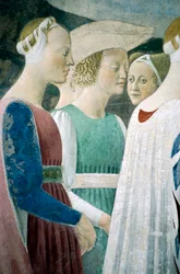 Detalj från Legenden om det sanna korset som visar tillbedjan av trä och mötet mellan drottningen av Saba och kung Salomo, av Piero della Francesca