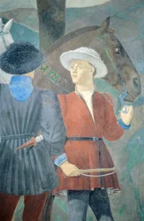 Detalj från Legenden om det sanna korset som visar tillbedjan av trä och mötet mellan drottningen av Saba och kung Salomo, av Piero della Francesca