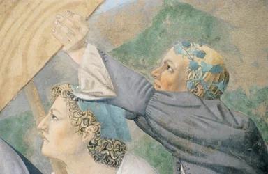 Detalj från Legenden om det sanna korset som visar transport av heligt trä, av Piero della Francesca