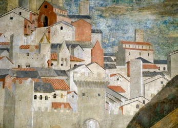 Detalj av drottningen av Saba som tillber bron gjord av det sanna korsets trä, Jerusalem, färdig 1464 freskdetalj av 55432