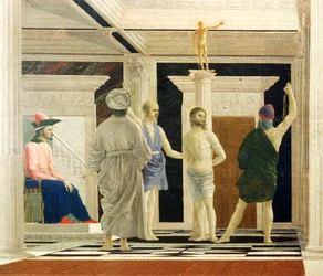 Flagellation of Christ av Piero della Francesca (1412-1492), Tempera på panel, 58x81,5 cm, detalj