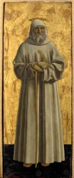 Polyptic of Misericorde: Jungfrun från Misericorde, omgiven av helgon. Detalj föreställande Saint Benedict of Nursie. Målning på trä av Piero della Francesca (1415/20-1492) 1445-1460 Dim. 54x21 cm Sansepolcro, Pinacoteca Comunale