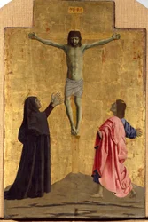 Polyptic of Misericorde: Jungfrun från Misericorde, omgiven av helgon. Detalj föreställande korsfästelsen med inskriptionen "" INRI"" på korset Trämålning av Piero della Francesca (1415/20-1492) 1445-1460 Dim. 81x52,5 cm Sansepolcro, Pinacoteca C